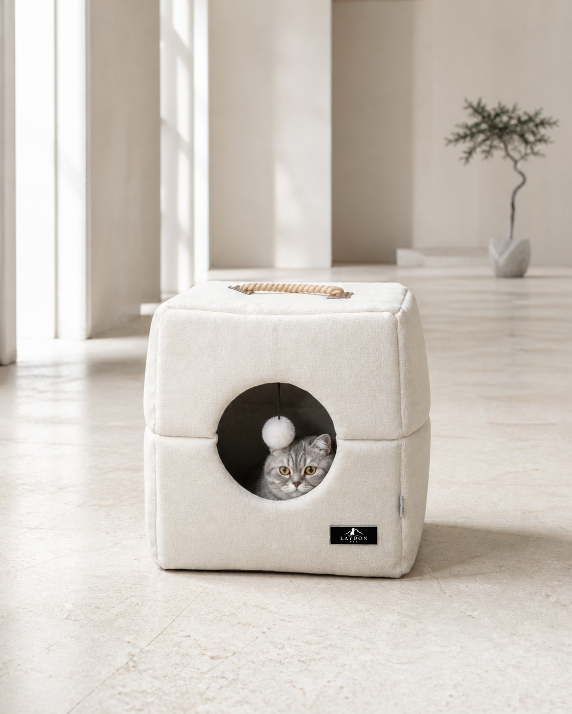 Cat relaxing inside a soft pet cube