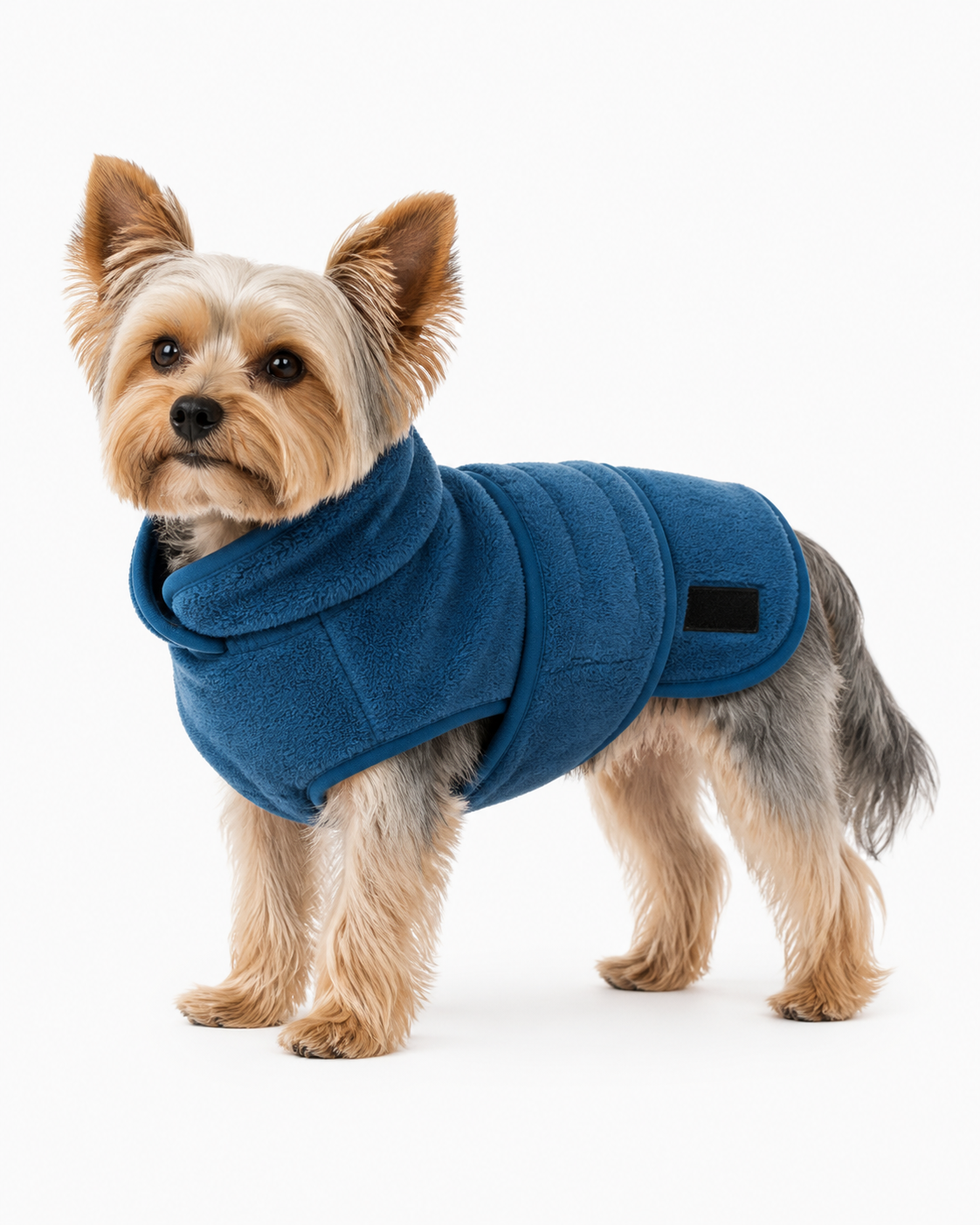 Small dog wearing a blue fleece wrap coat