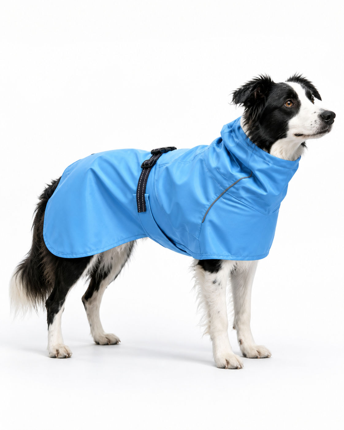 Border collie wearing a blue waterproof raincoat