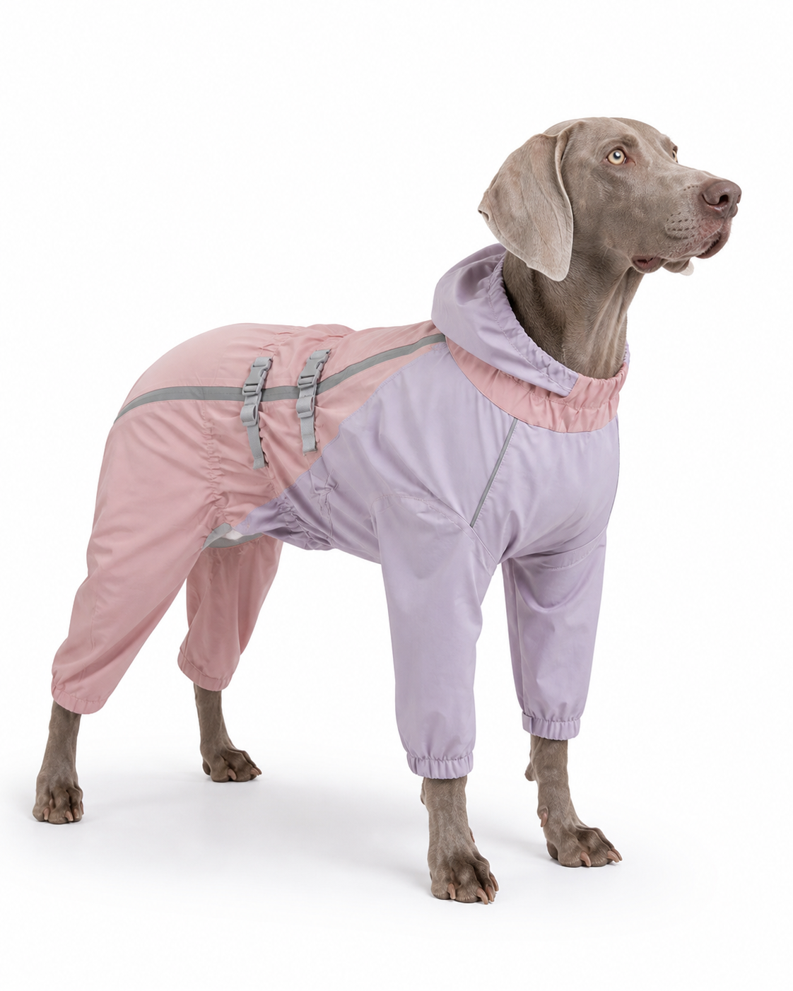 Dog wearing a full-coverage pink and lilac outdoor rainsuit