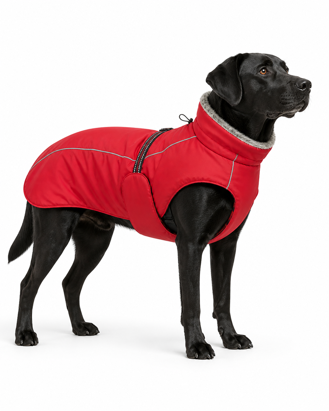 Black dog wearing a red insulated winter coat