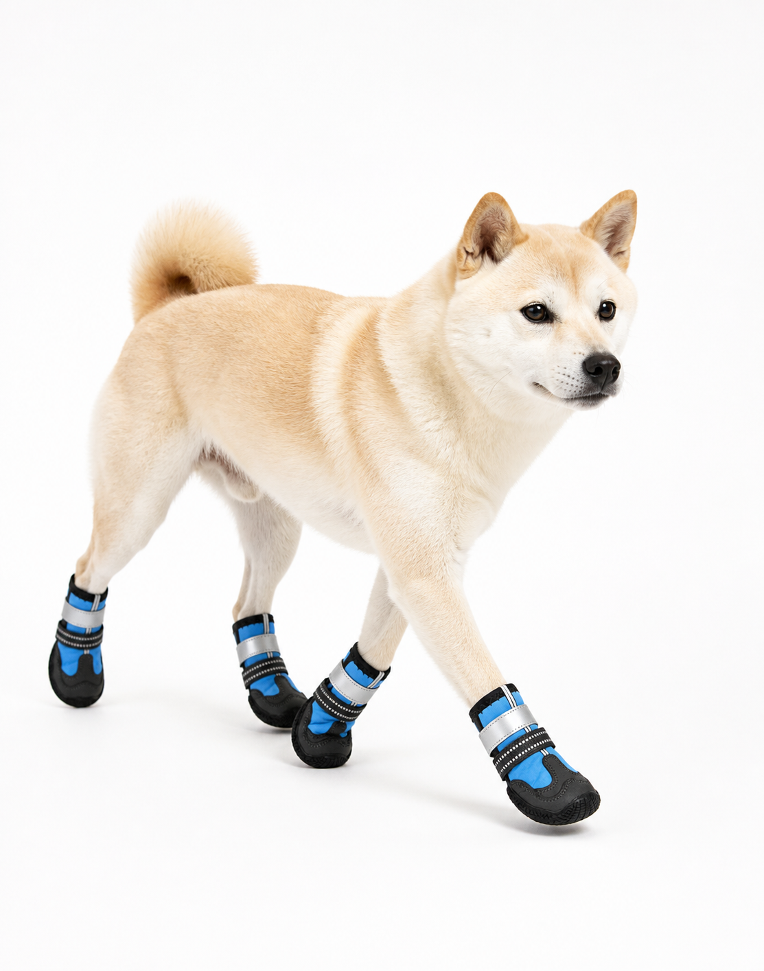Shiba Inu wearing blue protective pet boots