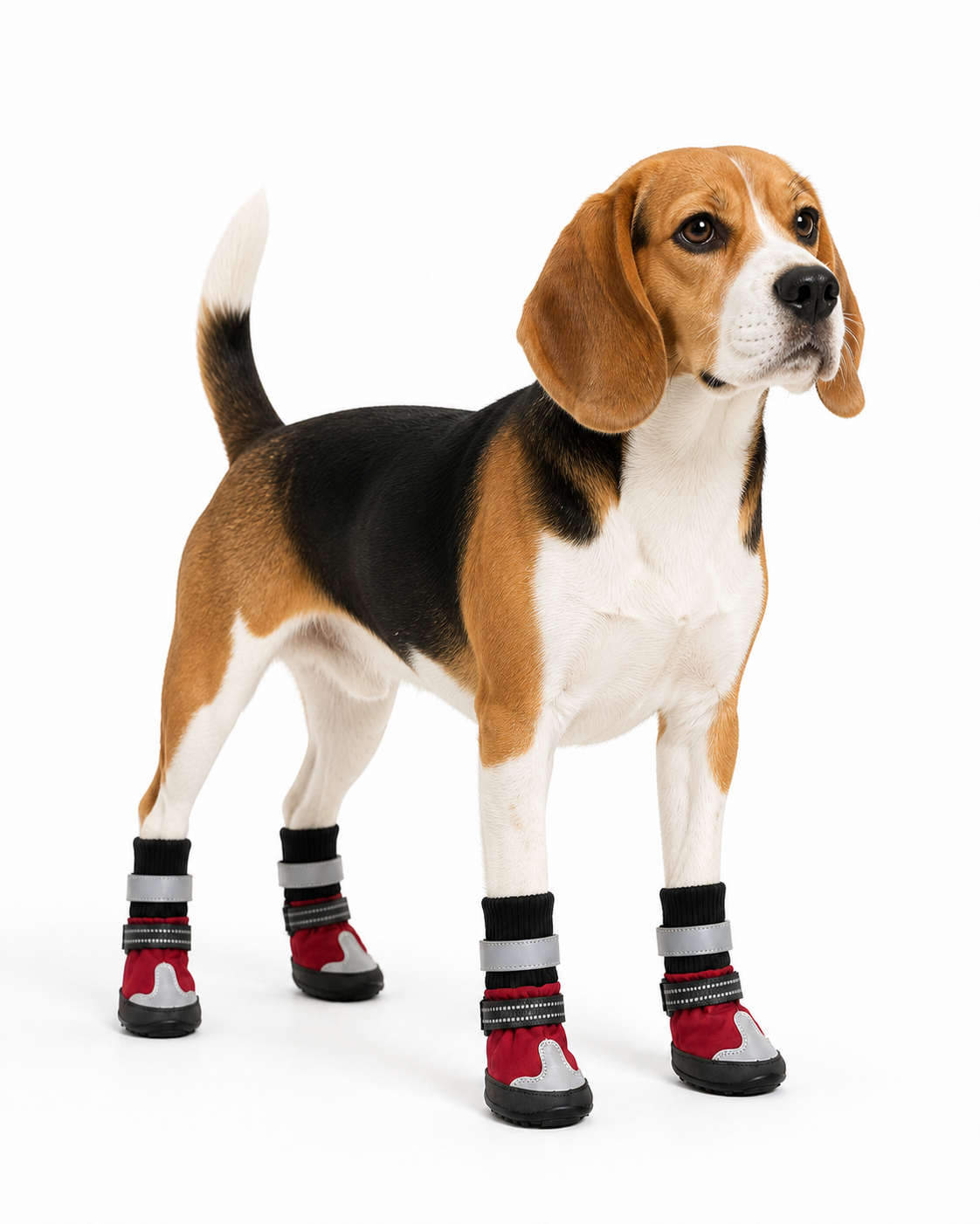 Beagle wearing red reflective pet boots