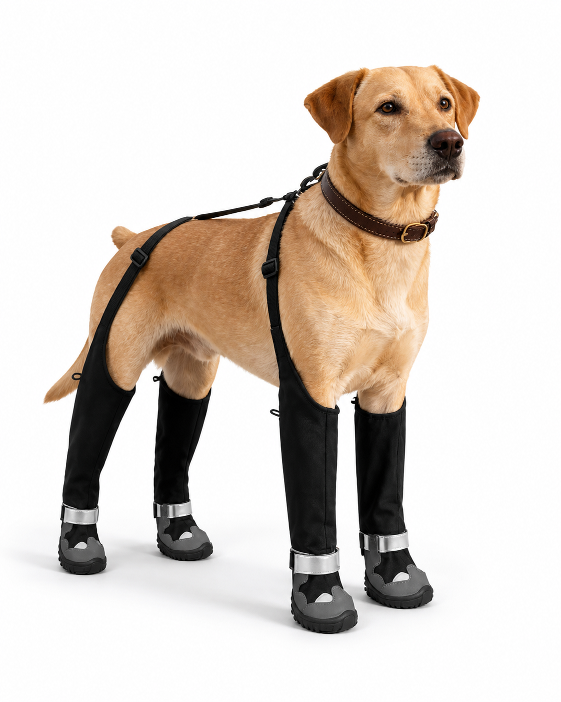 Golden dog wearing tall black protective outdoor boots