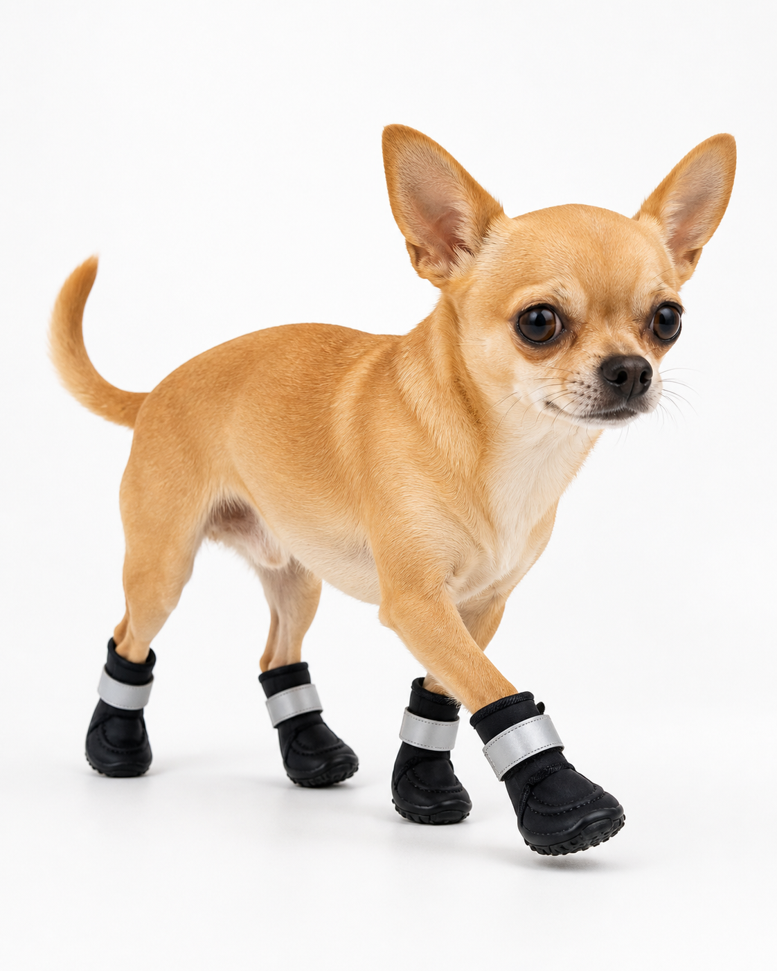 Small dog wearing black reflective outdoor boots